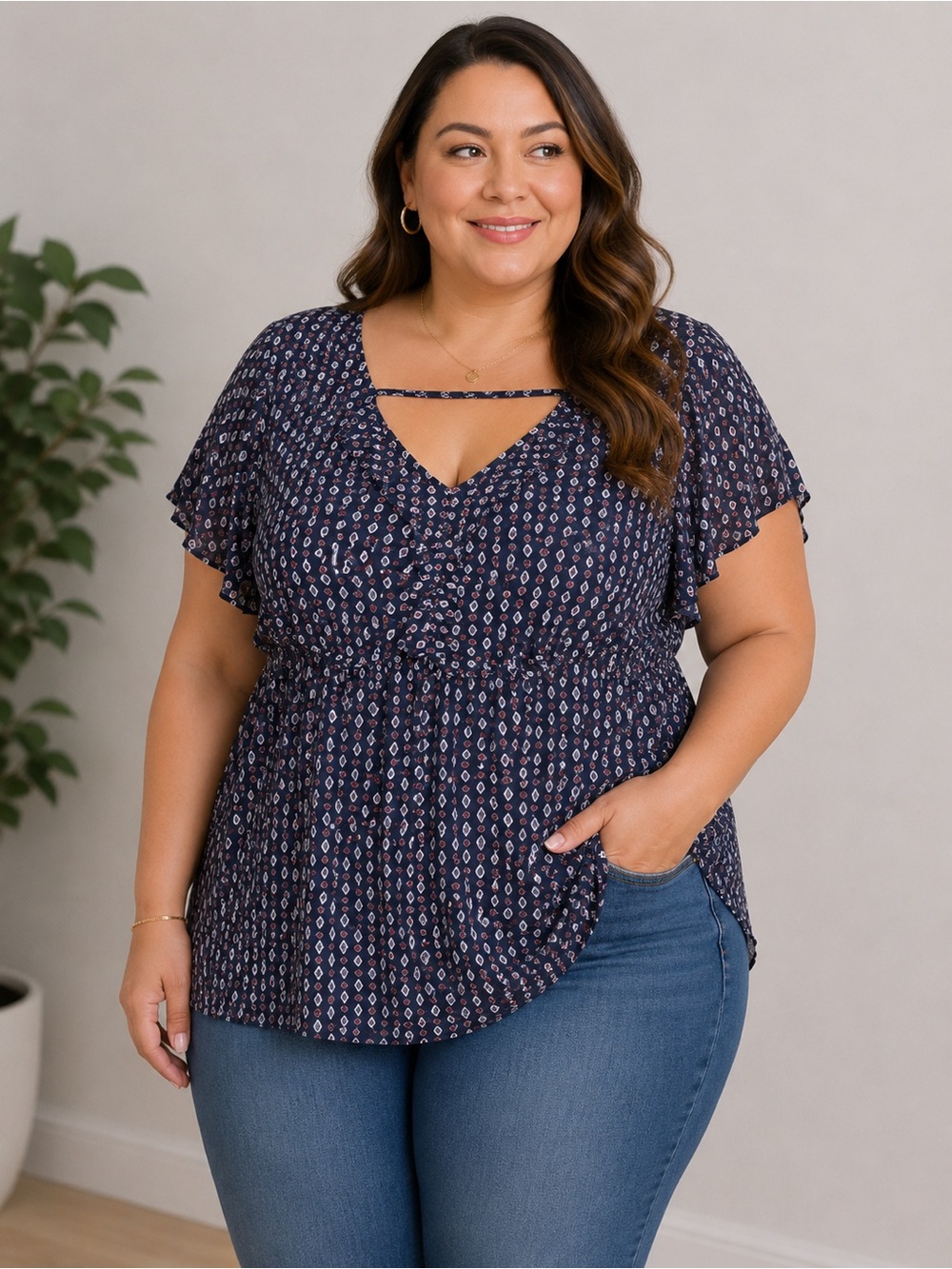 Navy Printed V-Neck Flutter Sleeve Top